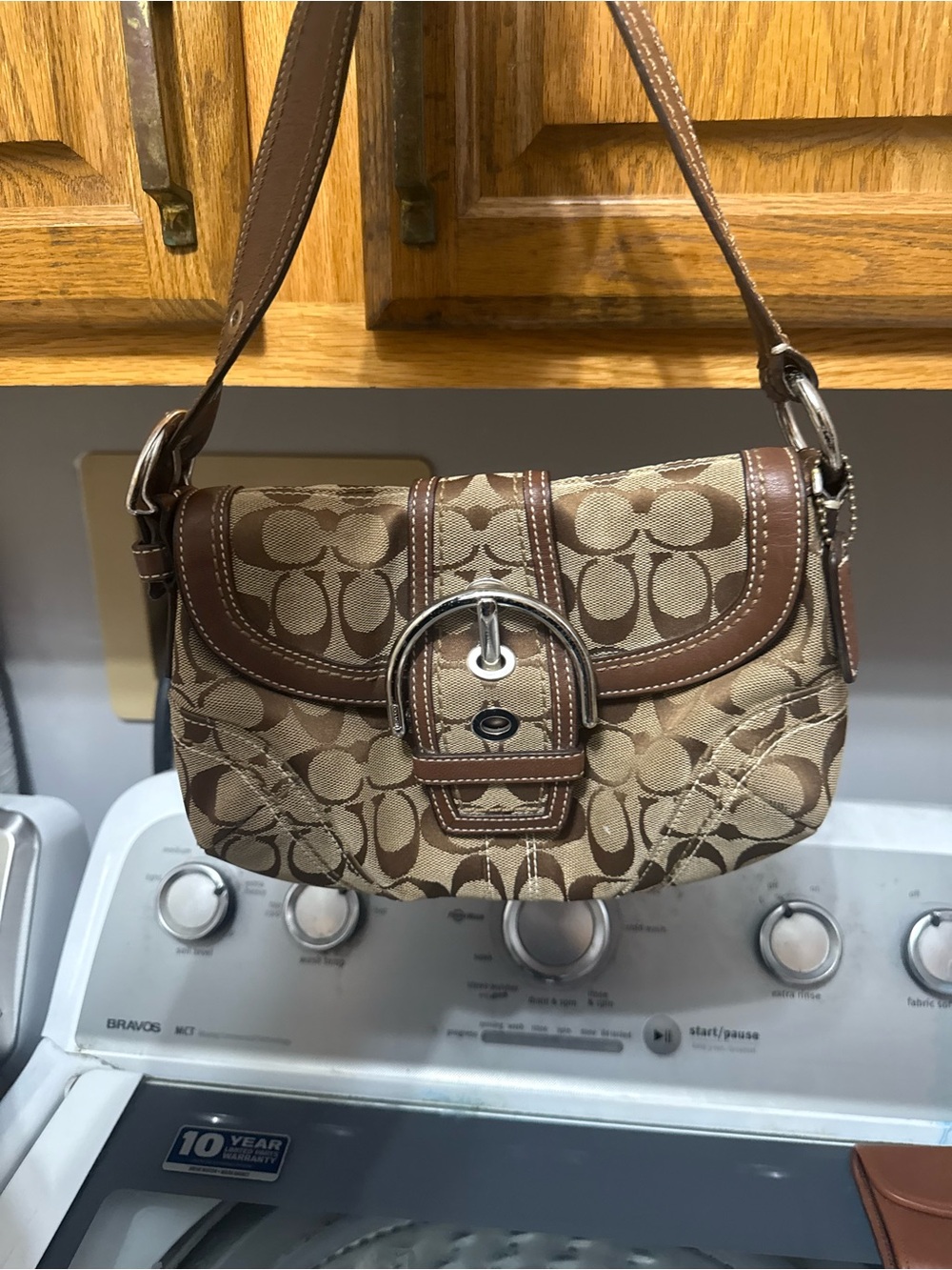 Coach Tan and Brown Signature Canvas Shoulder Bag with Leather Trim
